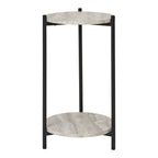 Table d'appoint Leuven vue de face avec deux plateaux ronds effet travertin et trois pieds en acier noir
