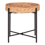 Table d'appoint Naro vue de face plateau tressé à rebord et piétement en métal noir
