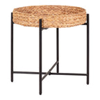 Table d'appoint Naro vue de trois quarts plateau rond en jacinthe d'eau tressée sur piétement noir à croisillon