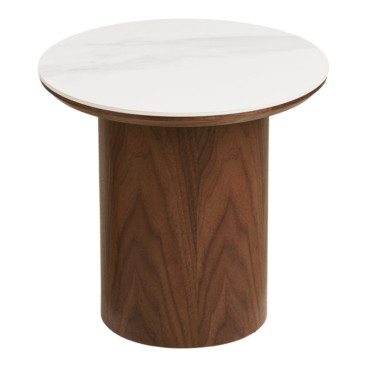 Table d'appoint Noli avec plateau en céramique blanche effet marbre et fût cylindrique en frêne teinté brun foncé