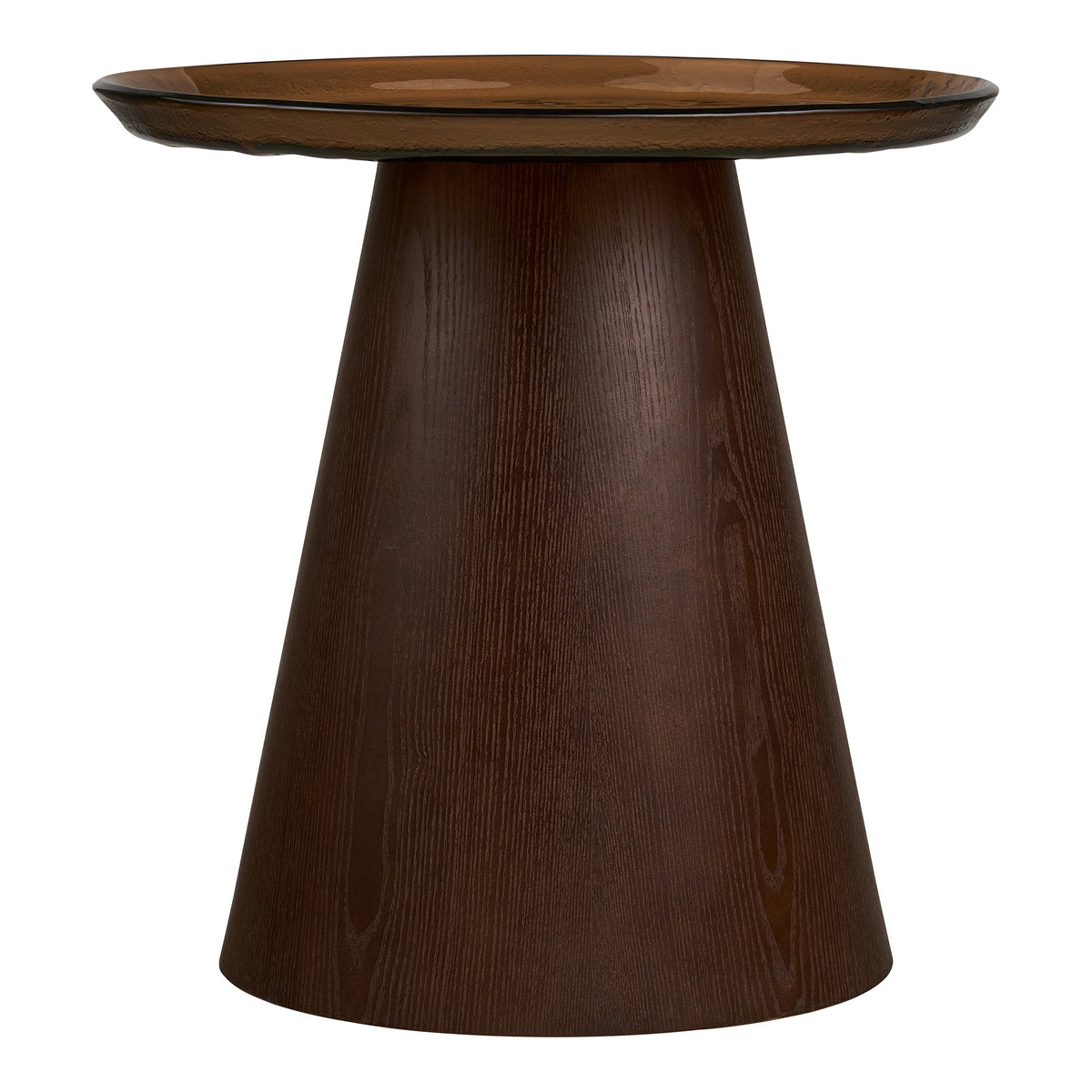 Table d'appoint Orvieto vue de face plateau en verre brun à rebord et fût conique en placage de frêne
