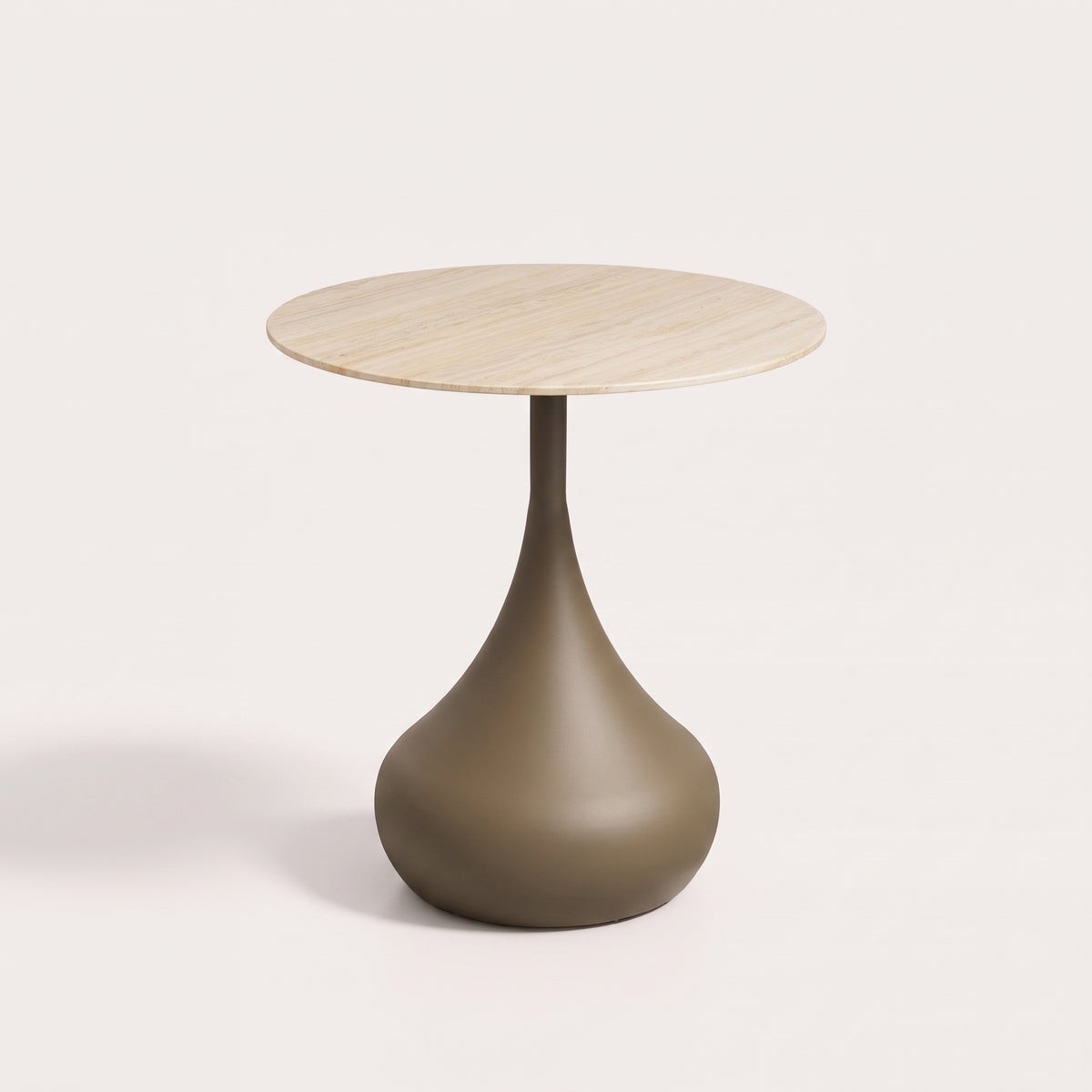 Table d'appoint Pienza, plateau rond en verre effet travertin et pied kaki en forme de goutte, vue de face