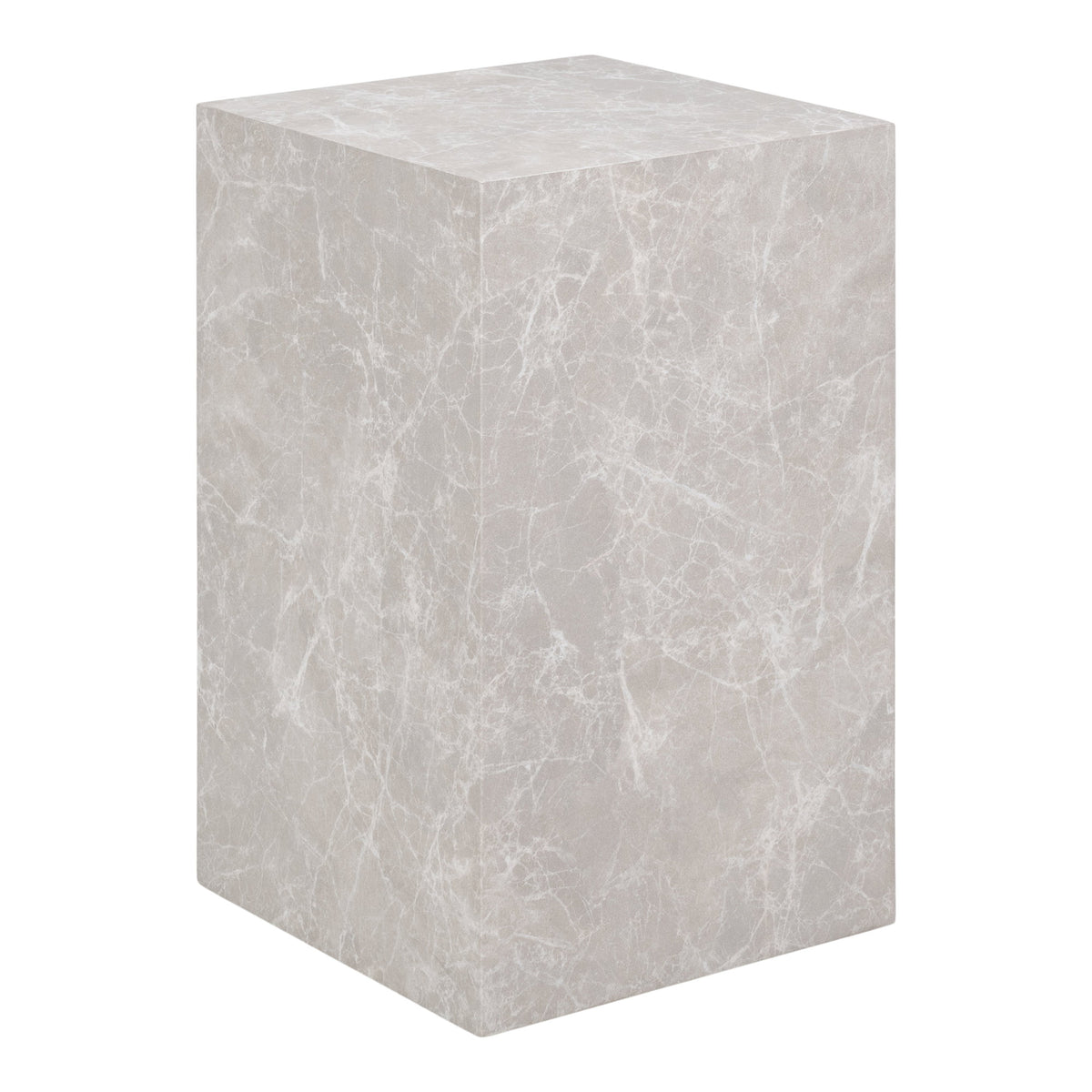 Table d'appoint Prague colonne effet marbre beige vue de trois quarts bloc carré aux veines blanches