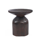 Table d'appoint Drumline teinte noyer foncé vue de face plateau rond col étroit et base trapue