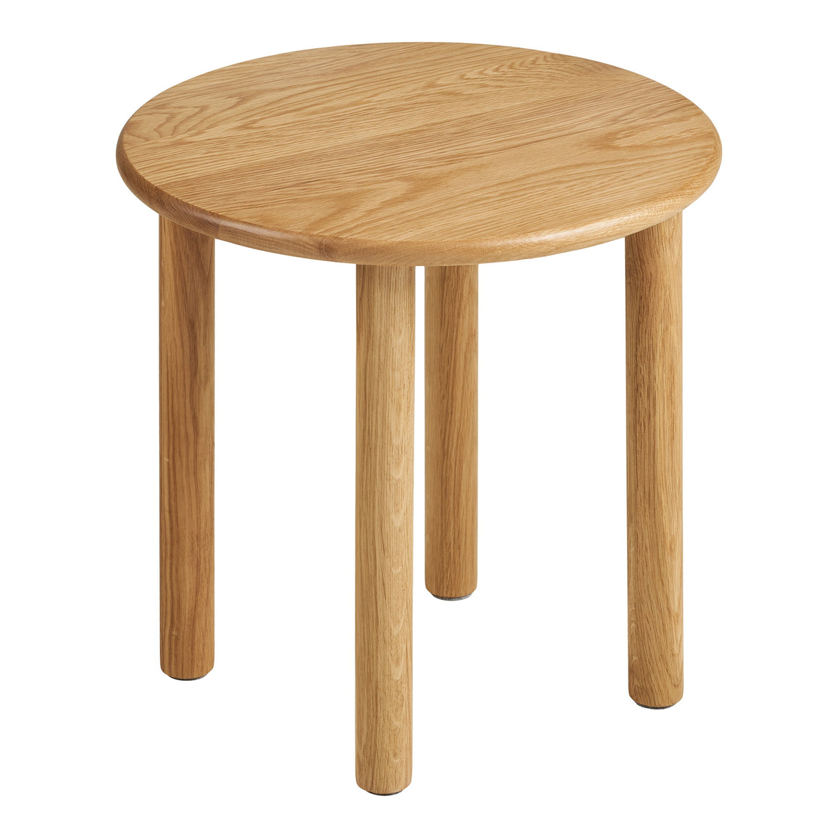 Table d'appoint ronde Jena en chêne massif naturel vue de trois quarts plateau aux bords arrondis et quatre pieds cylindriques