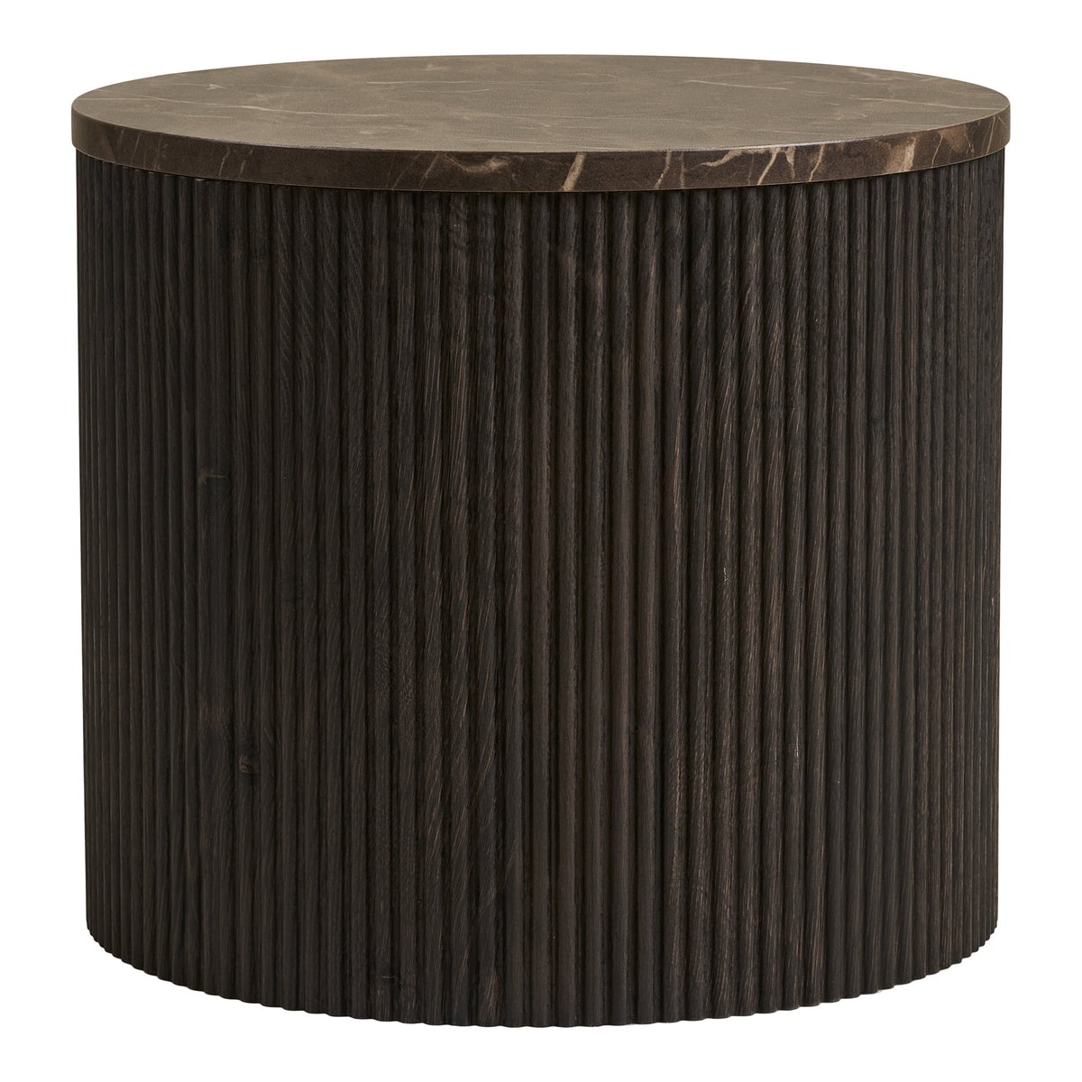 Table d'appoint Rota vue de face cannelures verticales et tranche du plateau effet marbre