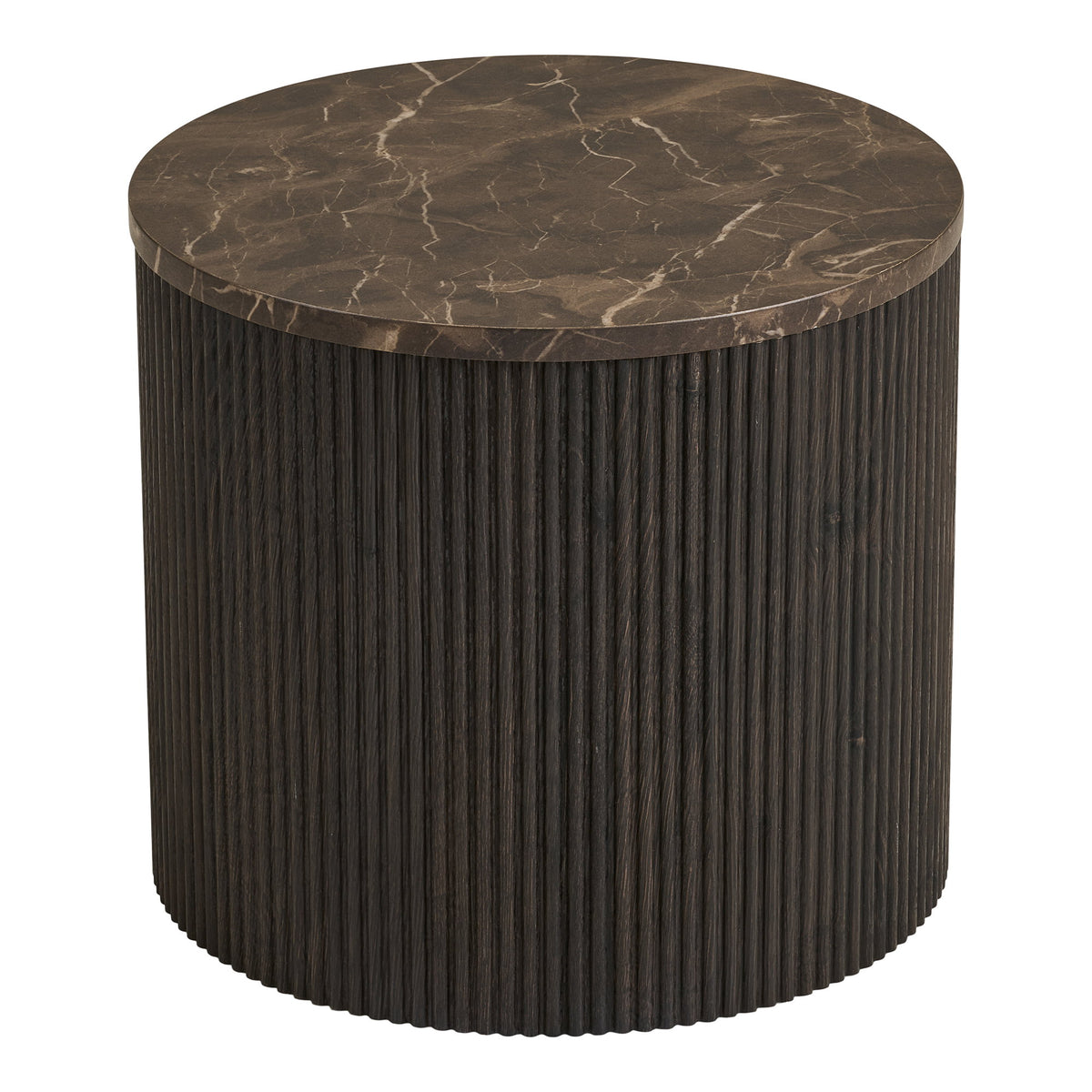 Table d'appoint ronde Rota plateau effet marbre brun veiné de crème sur cylindre cannelé brun-noir