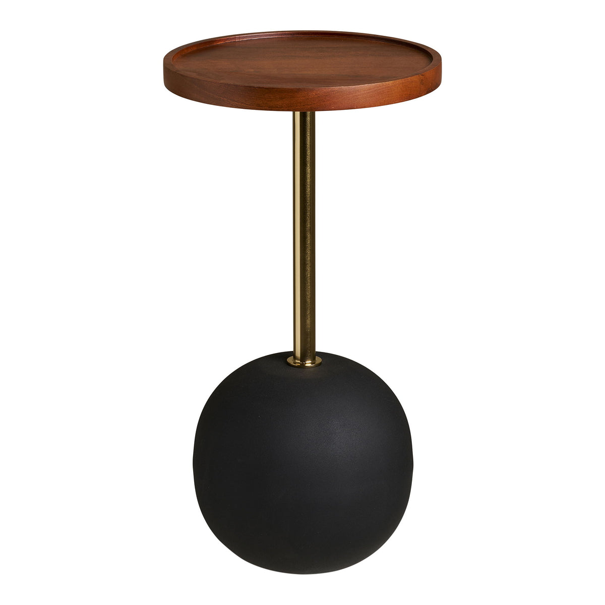 Table d'appoint Sirone plateau rond en manguier tige effet laiton et base sphérique en acier noir mat