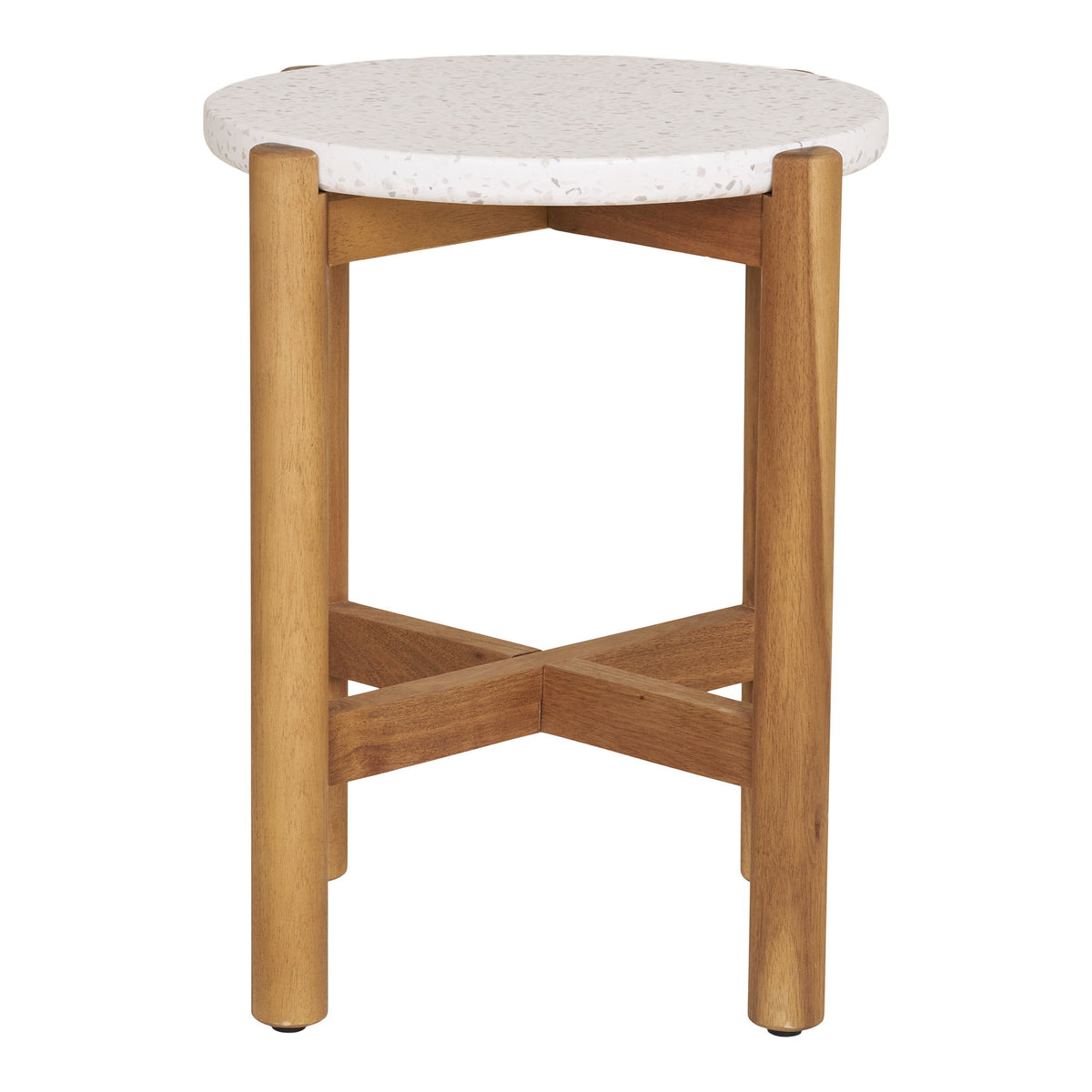 Table d'appoint Terracina vue de face avec son entretoise en croix en acacia sous le plateau en terrazzo blanc