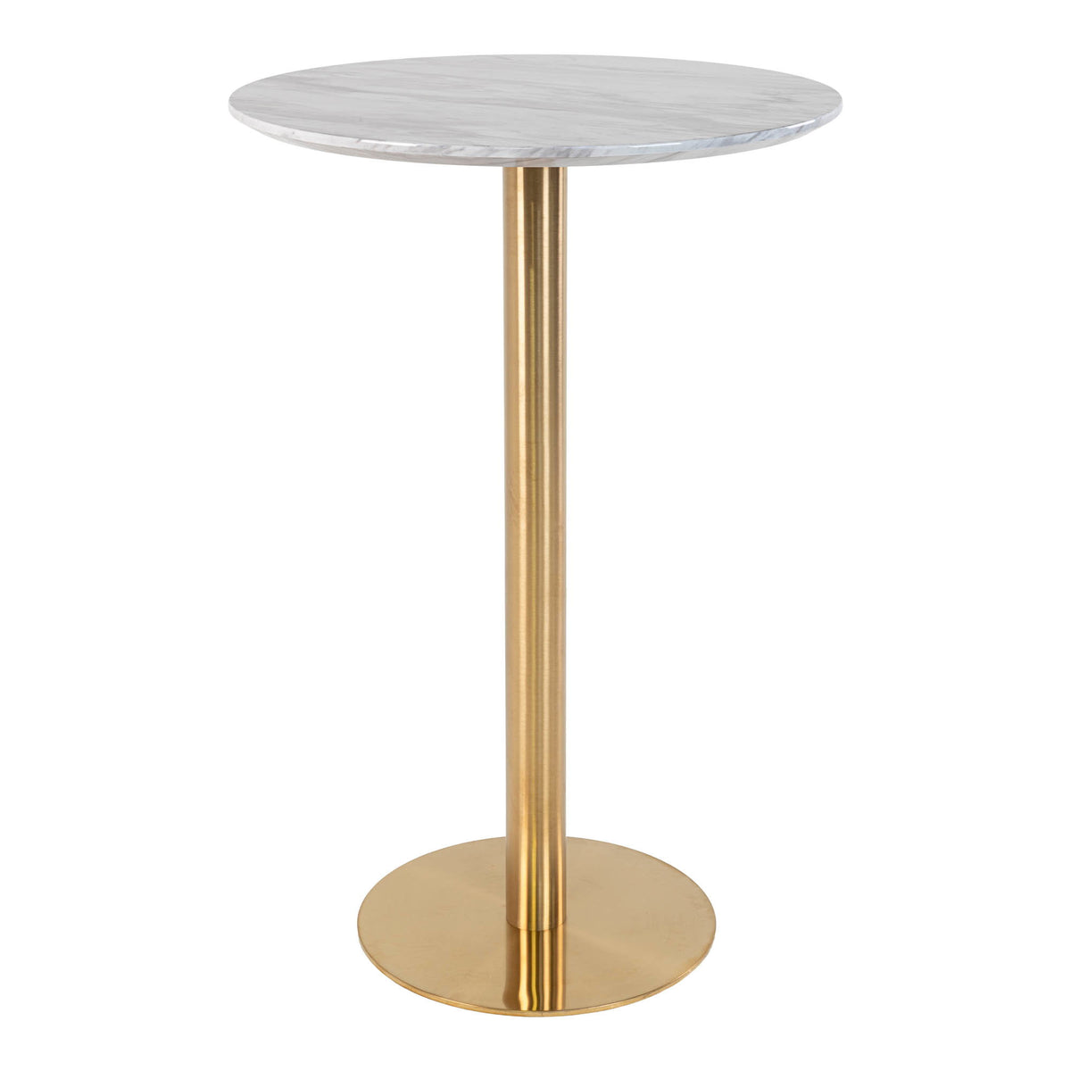 Table de bar ronde Bolzano plateau effet marbre blanc et colonne en acier doré sur fond blanc