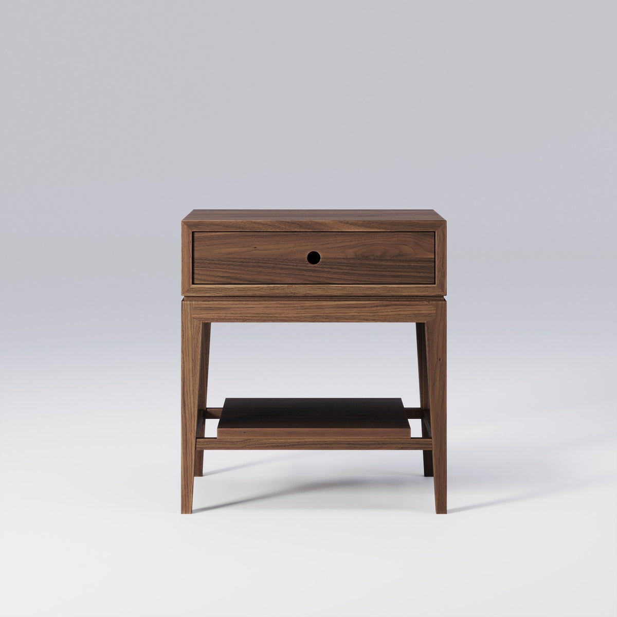 Table de chevet Criado-Mudo en noyer foncé vue de face, tiroir et tablette basse