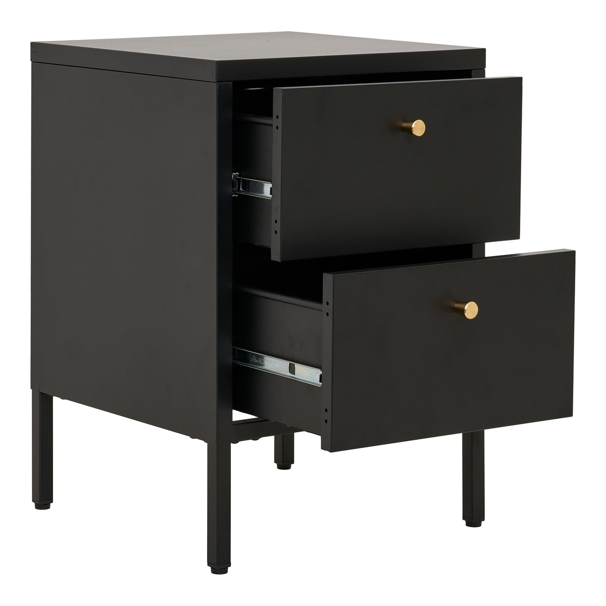 Table de chevet Dalby laque noire tiroirs ouverts sur leurs glissières métalliques