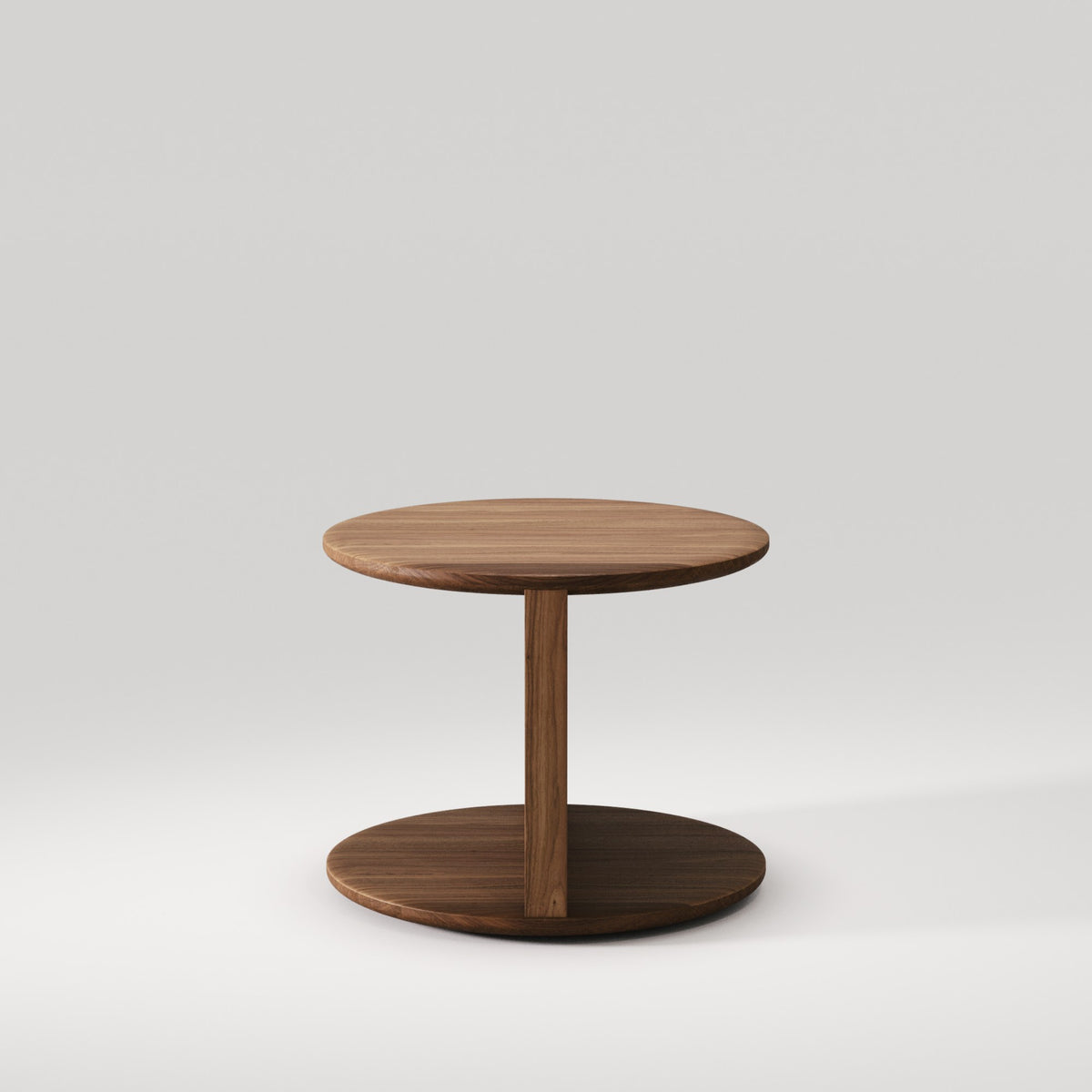 Table de chevet Duplex en noyer foncé vue de profil, cloison de chant