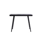 Table haute Herringbone en teck noir vue de face sur ses pieds en fer noir inclinés