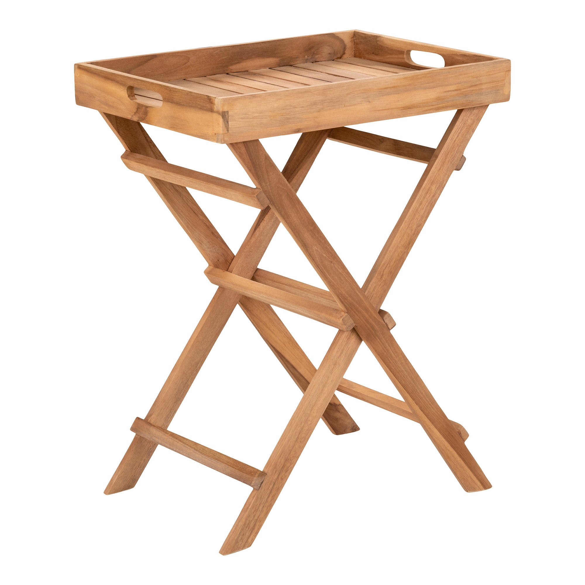 Table plateau pliante Ronda compacte en teck naturel vue 3/4, pieds croisés en X