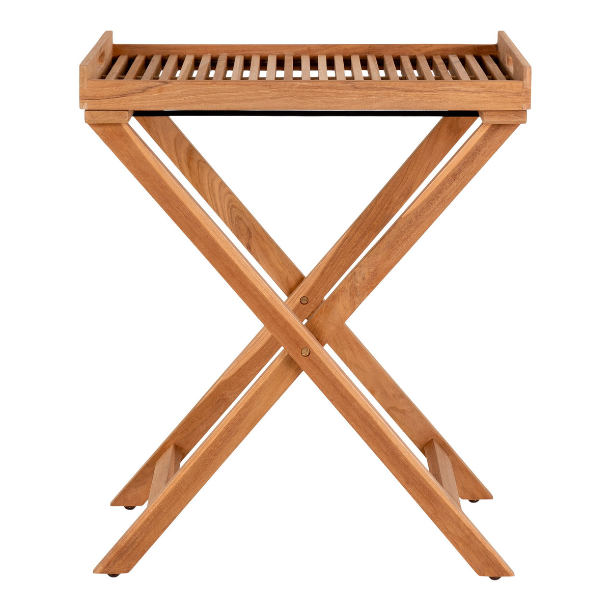 Table plateau Ronda en teck 60 x 40 cm vue de face avec son piètement croisé