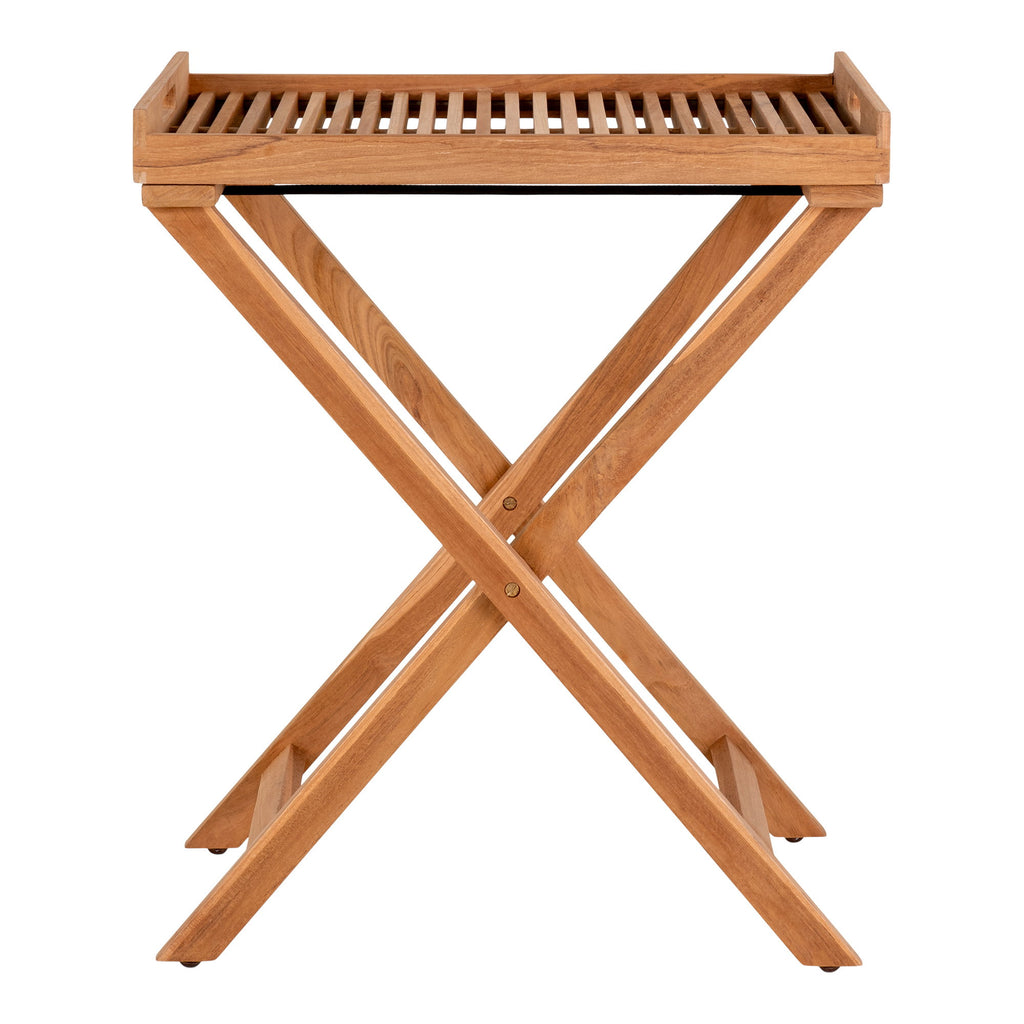 Table plateau pliante Ronda en teck naturel vue de face, pieds croisés en X