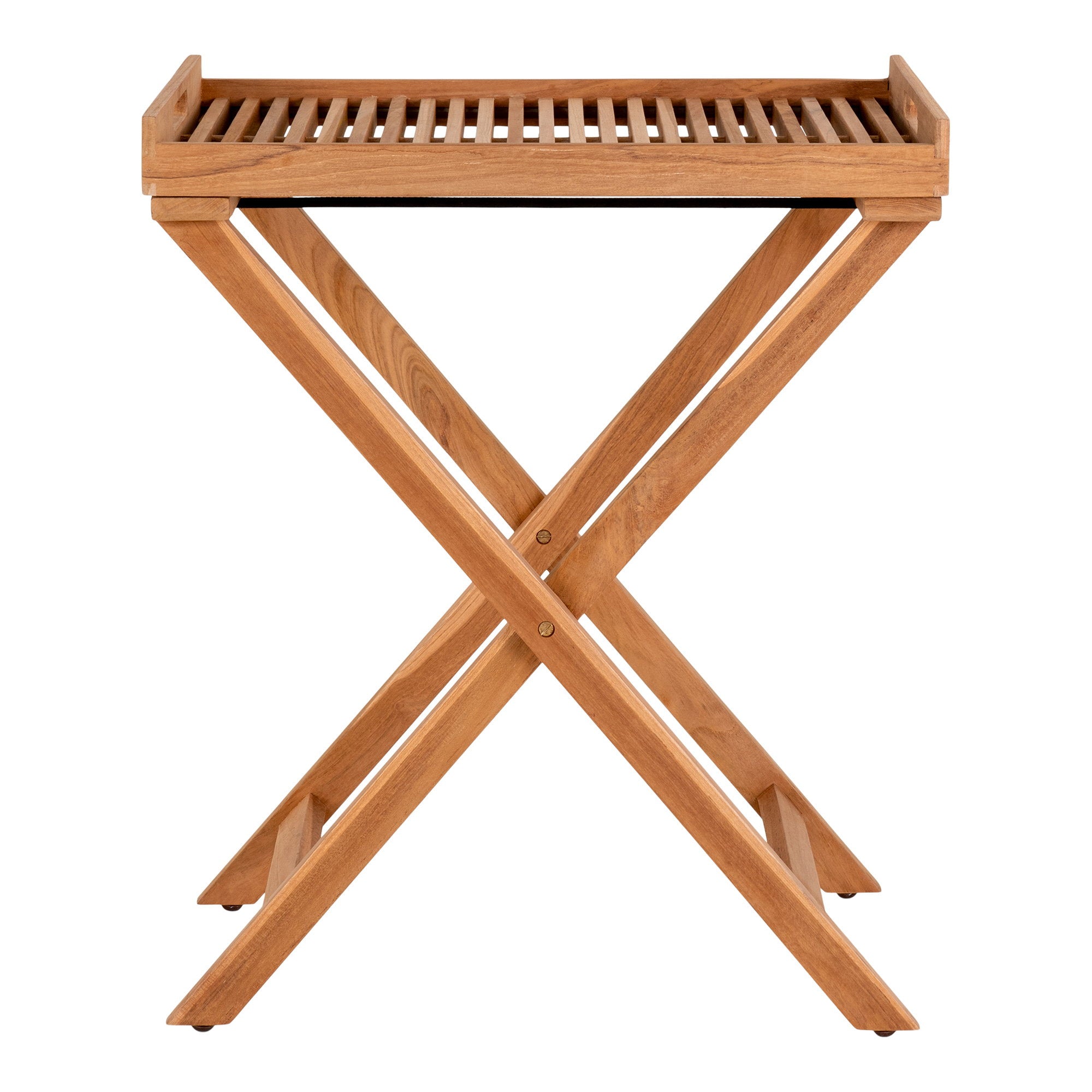 Table plateau pliante Ronda en teck naturel vue de face, pieds croisés en X