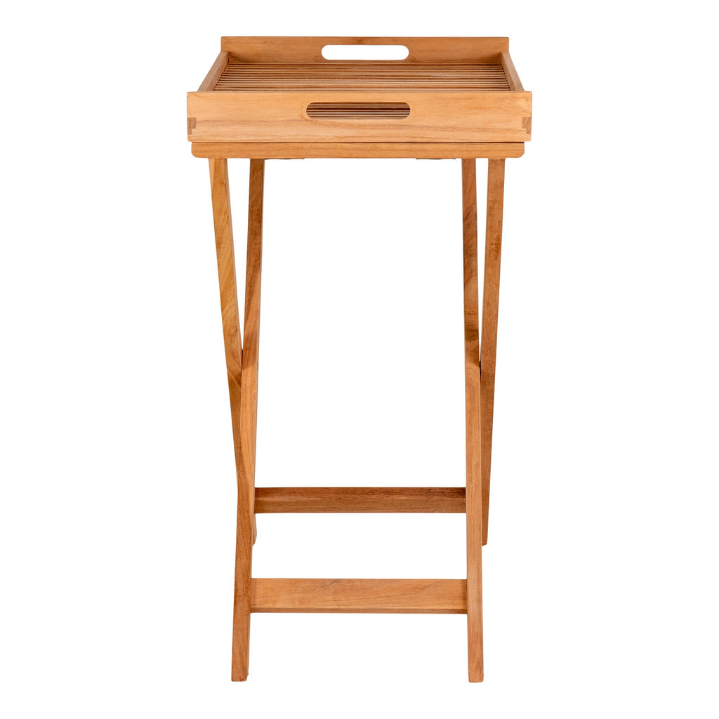Table plateau bois teck Ronda vue de profil, structure pliable en bois naturel
