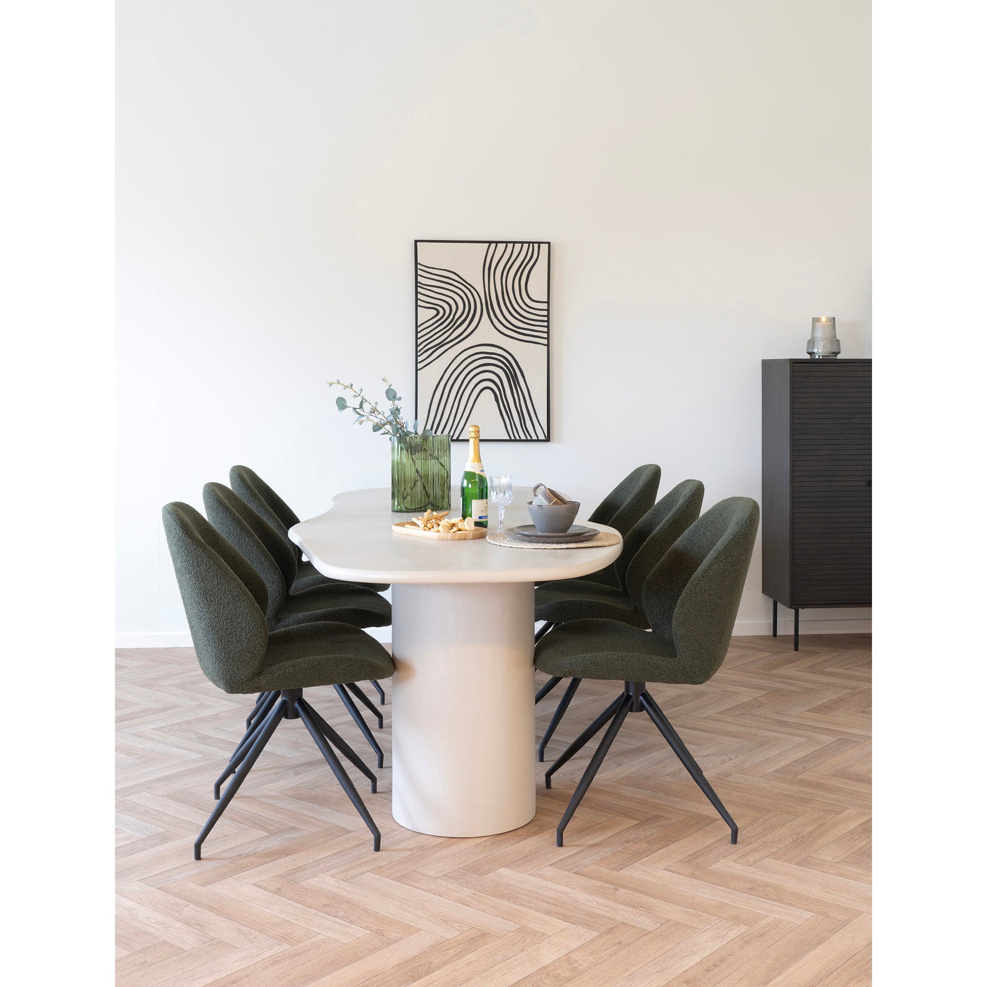 Tableau décoratif Lipari courbes noir beige salon chaises bouclé vert salle à manger épurée