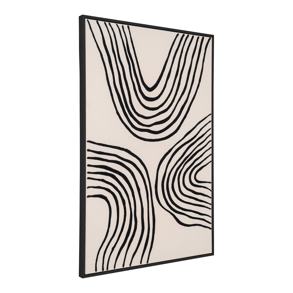 Tableau mural Lipari toile canvas courbes noires fond beige cadre noir vue trois quarts