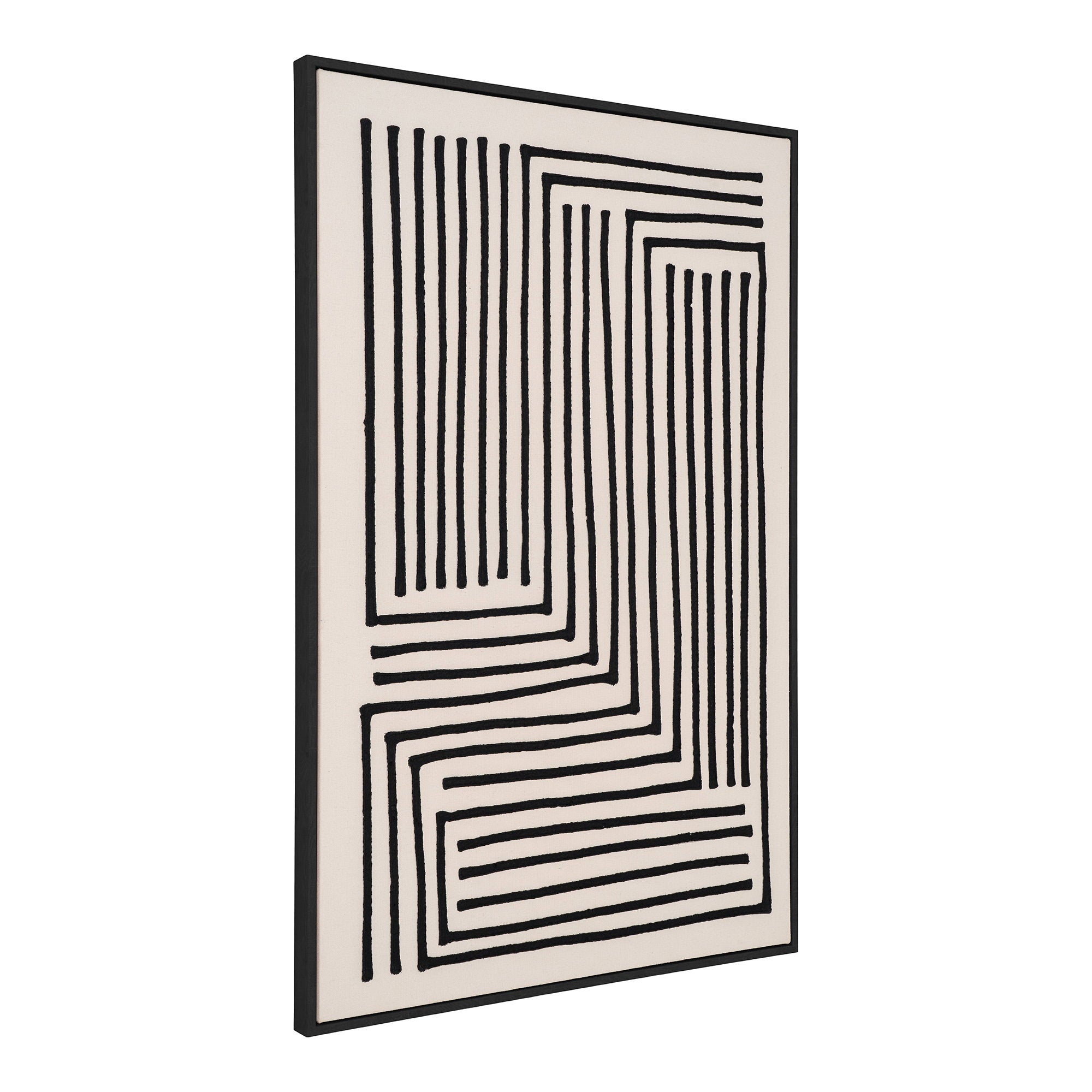 Tableau mural Lipari toile canvas lignes noires fond beige cadre noir vue trois quarts