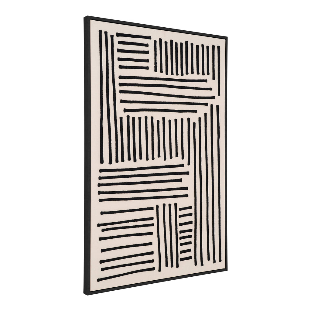 Tableau mural Lipari toile canvas stries noires fond beige cadre noir vue trois quarts