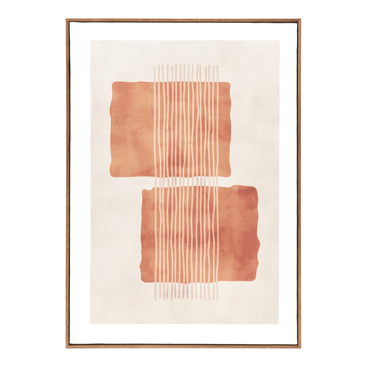 Tableau Mina N°2 avec ses deux aplats terracotta et ses rayures verticales dans un cadre étroit