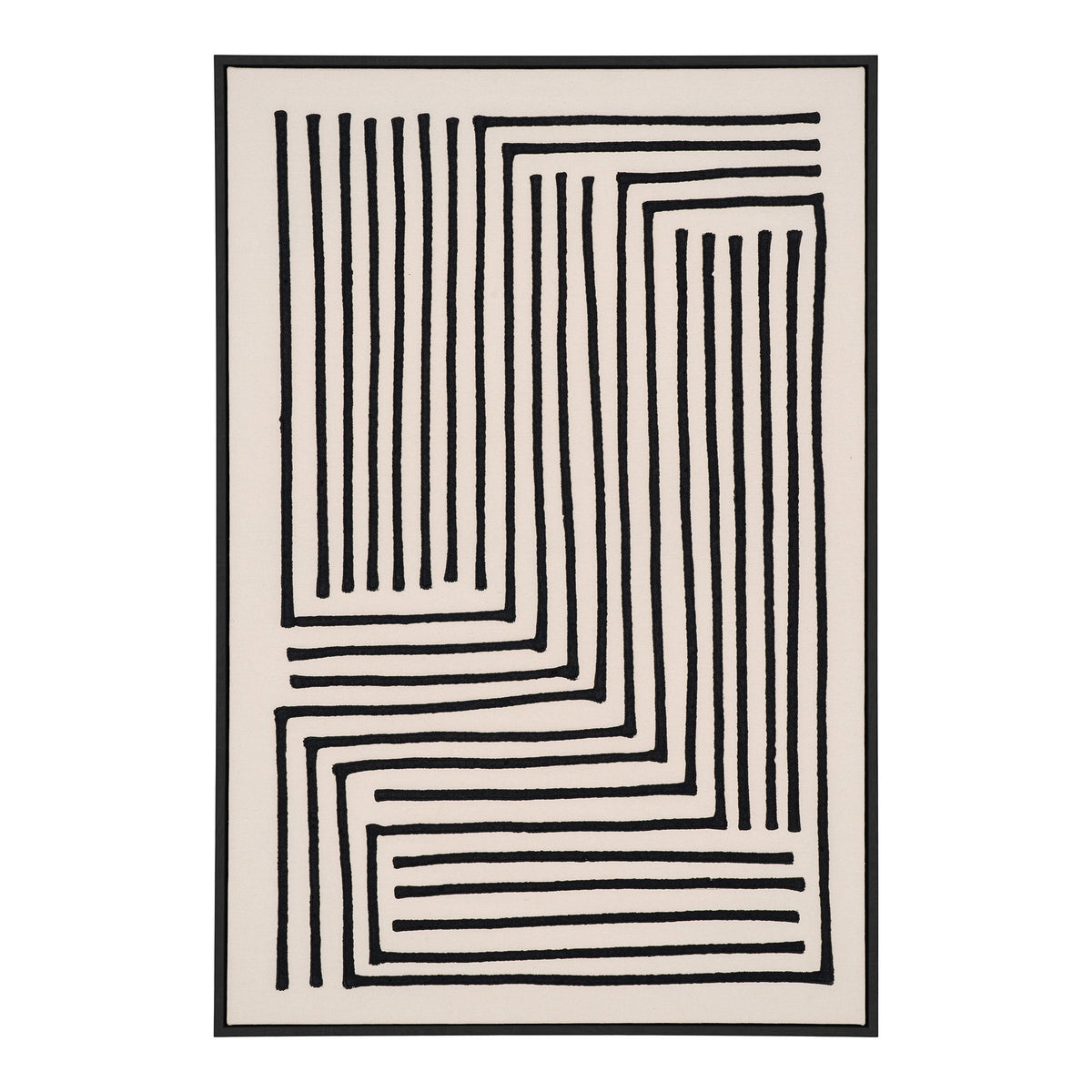 Tableau sur toile Lipari vu de face avec ses lignes noires en angles droits sur fond beige et son cadre noir
