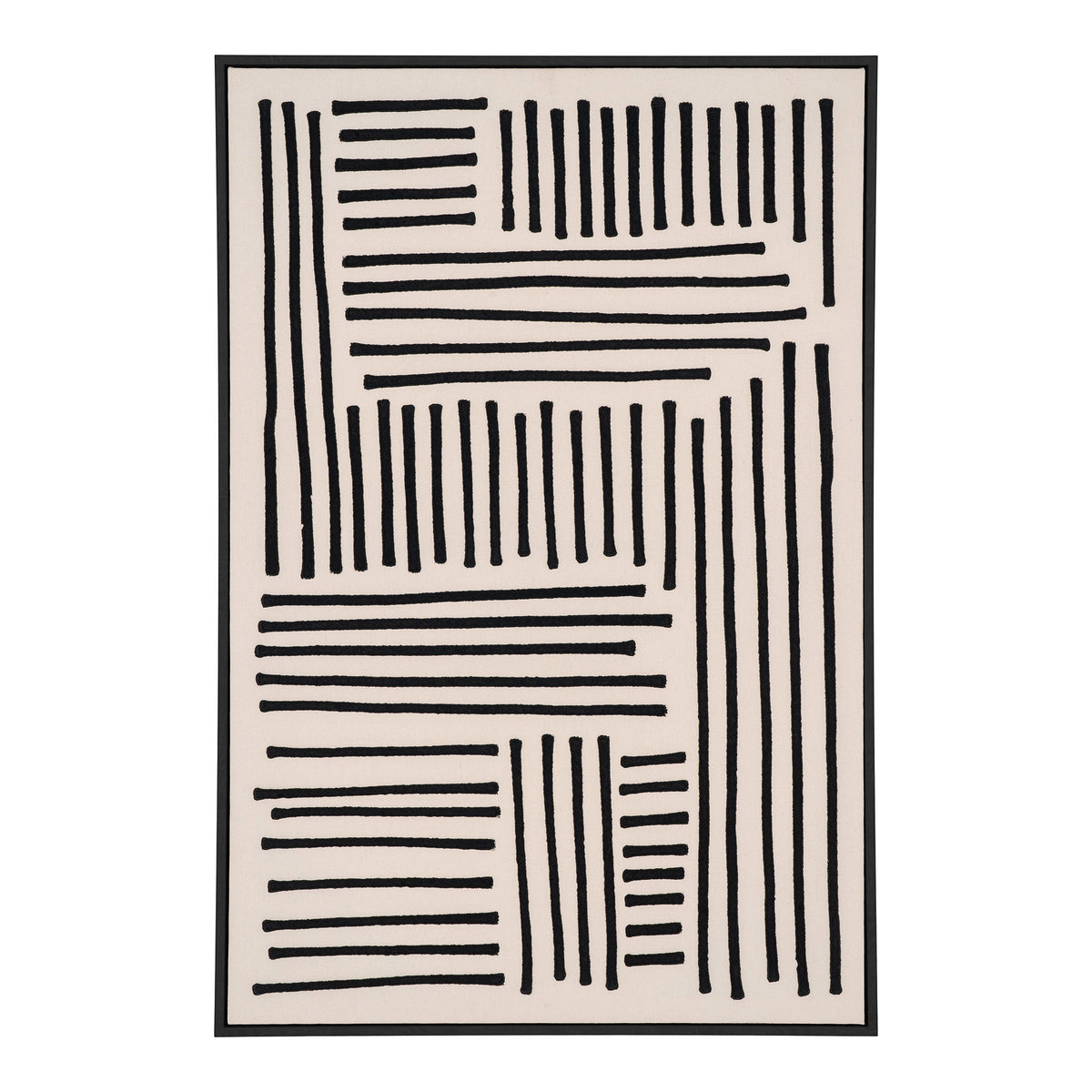 Tableau toile Lipari à blocs de stries noires sur fond beige dans un fin cadre noir vu de face