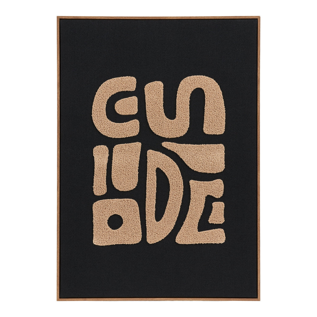 Tableau touffeté Tine lettres abstraites beige caramel fond noir cadre bois 50x70