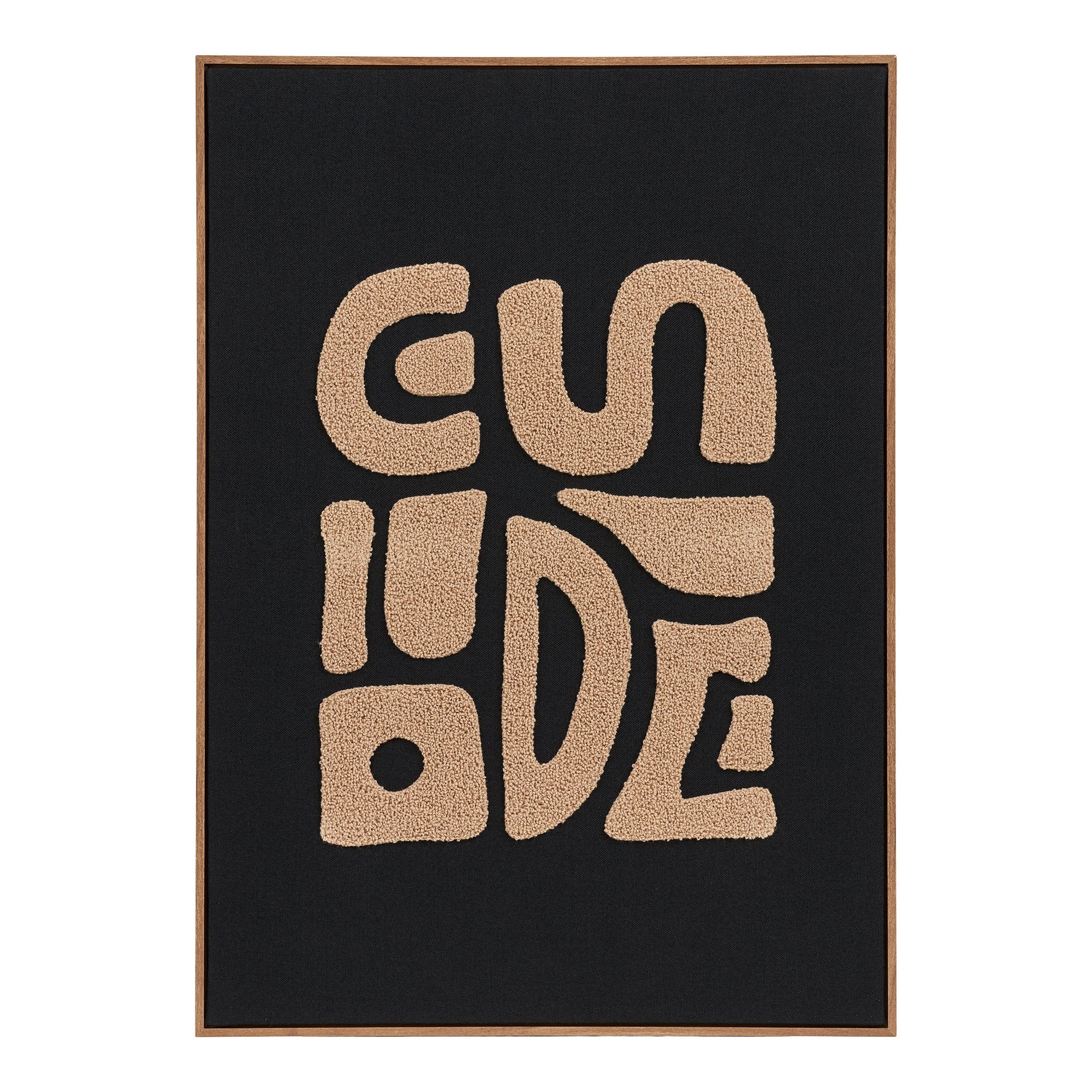 Tableau touffeté Tine lettres abstraites beige caramel fond noir cadre bois 50x70