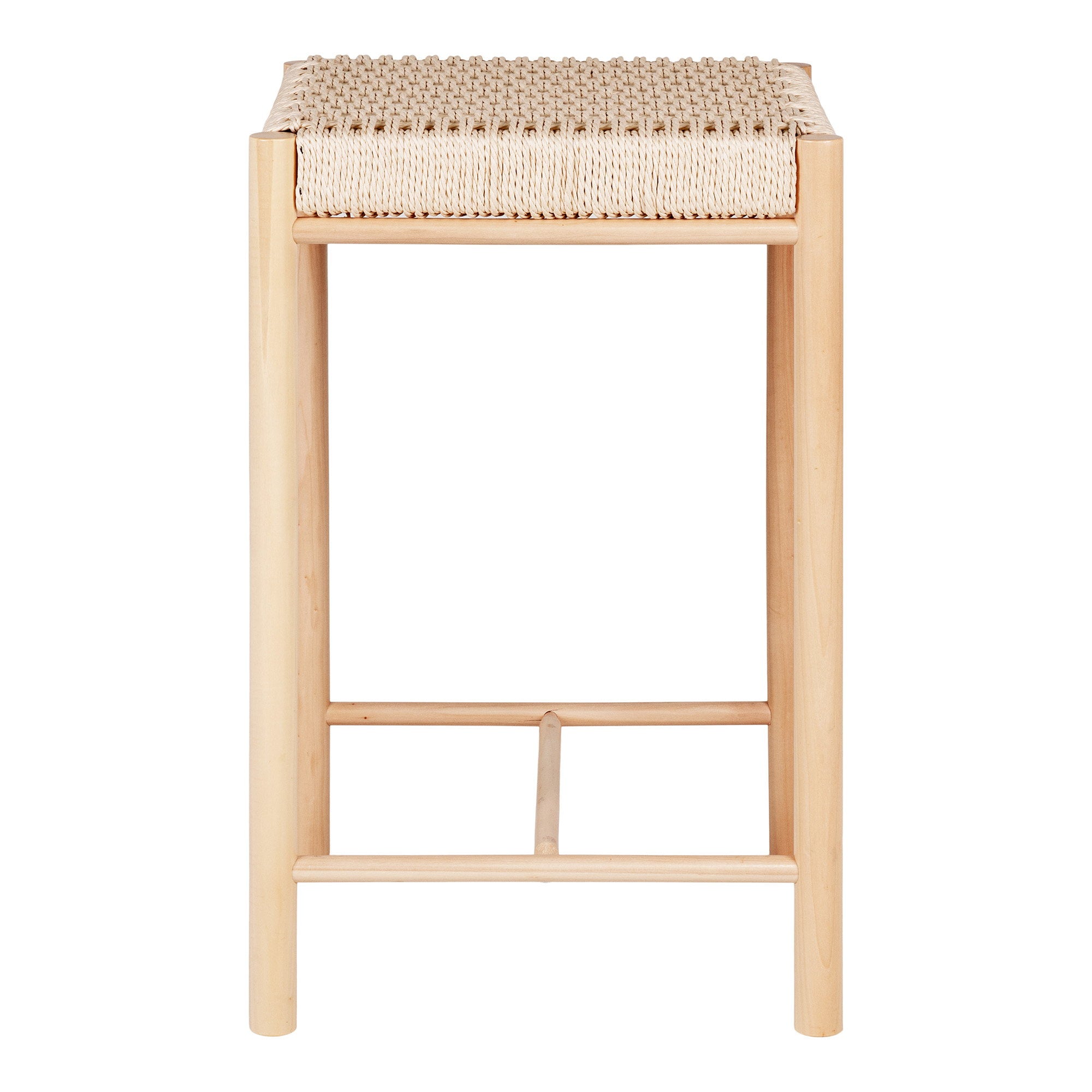 Tabouret Abano corde de papier tressée bois peuplier naturel vue de face montants cylindriques