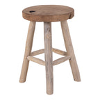 Tabouret Badia en teck massif naturel vu de trois quarts plateau brut et pieds en branches