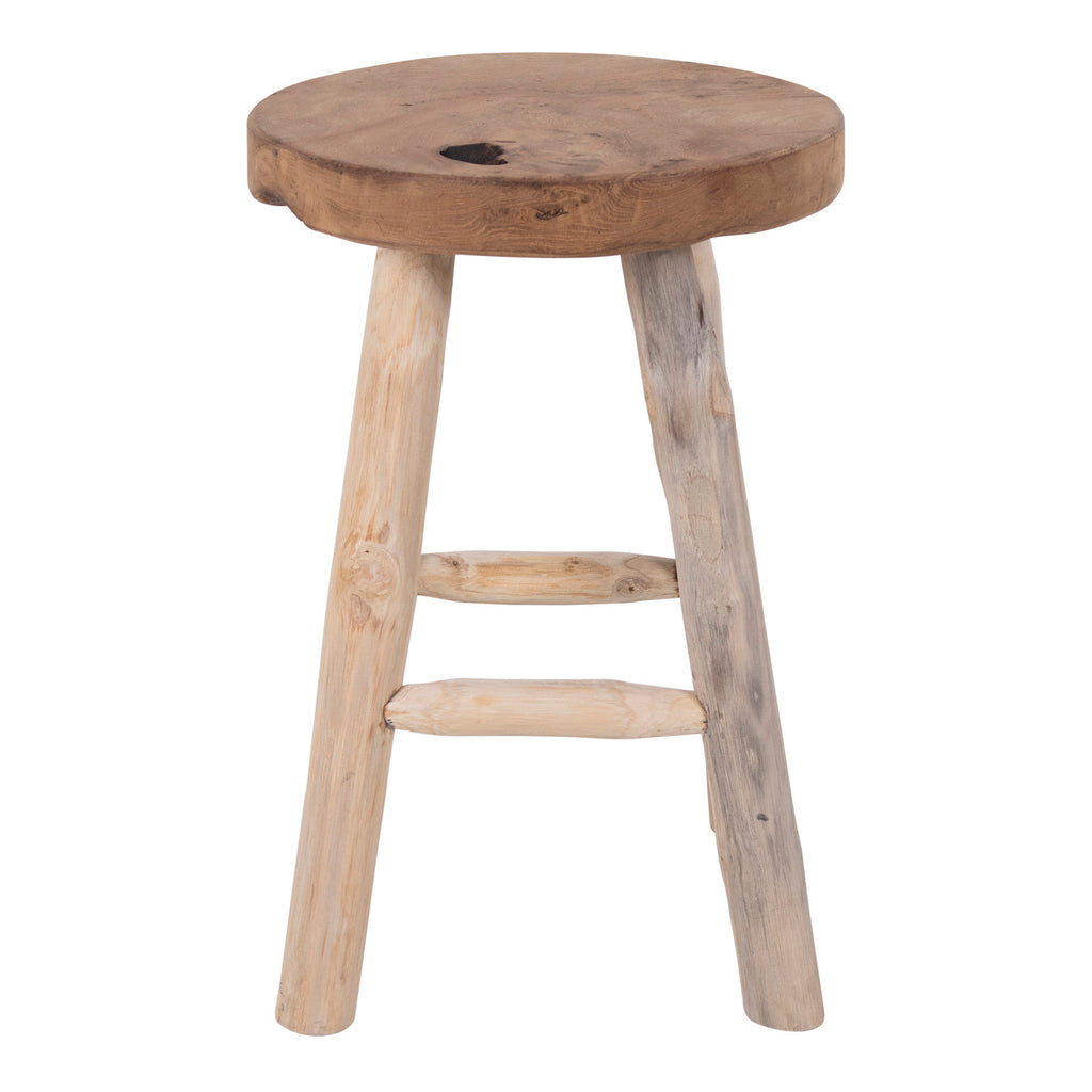 Tabouret Badia teck massif brut vue de face plateau circulaire 45 cm
