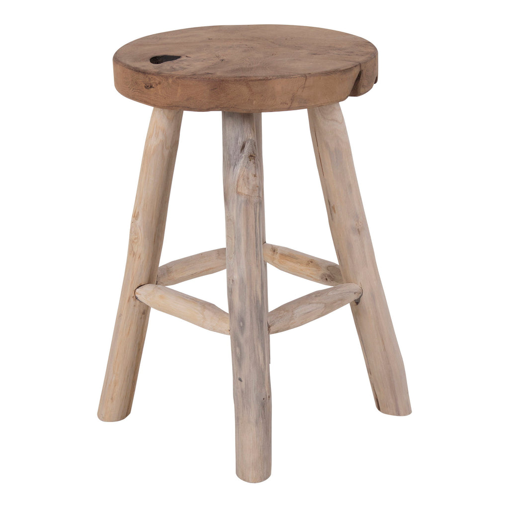 Tabouret Badia teck massif naturel brut 4 pieds ø30x45 cm vue trois quarts