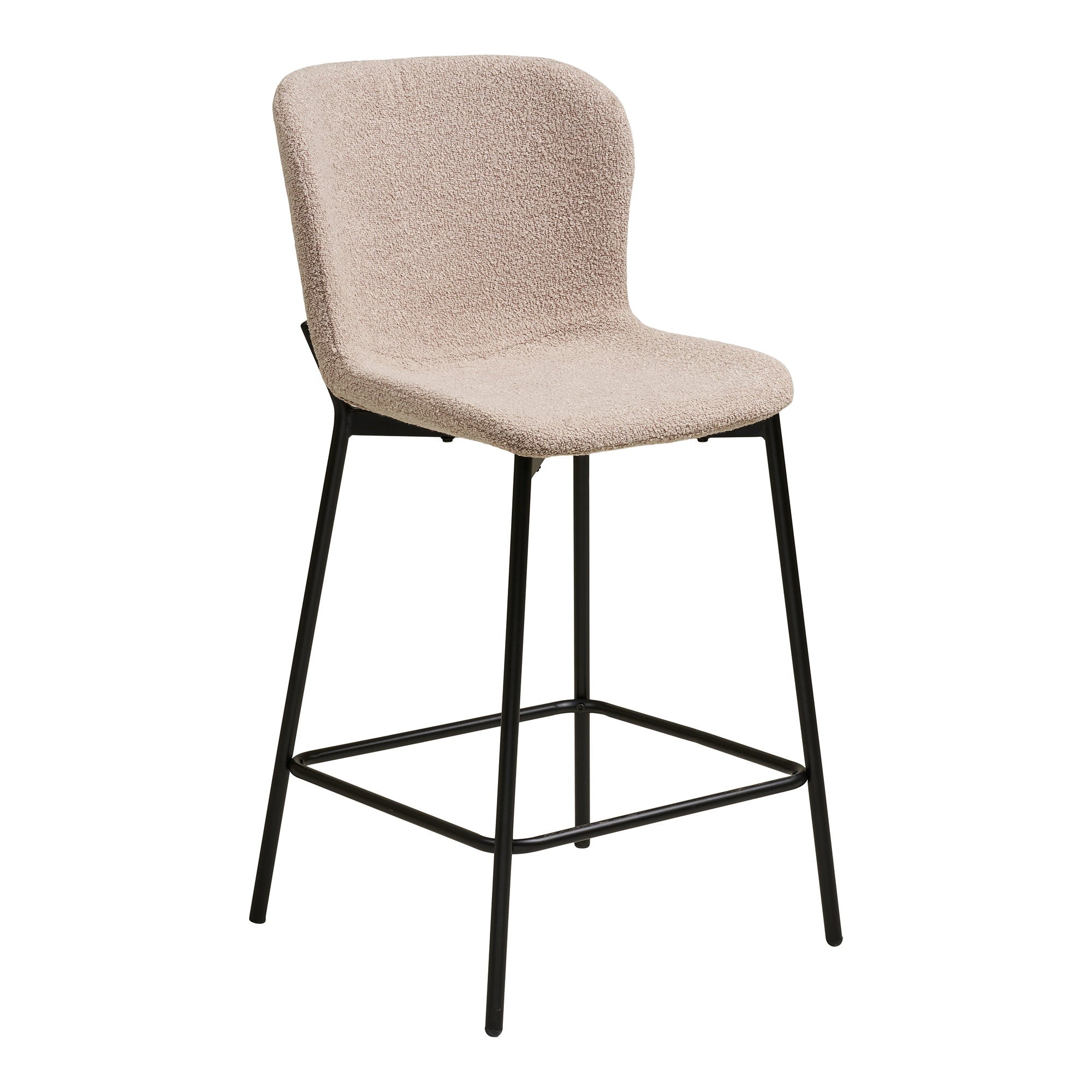 Tabouret de bar avec dossier Maceda tissu bouclé beige pieds acier noir repose-pieds vue trois quarts