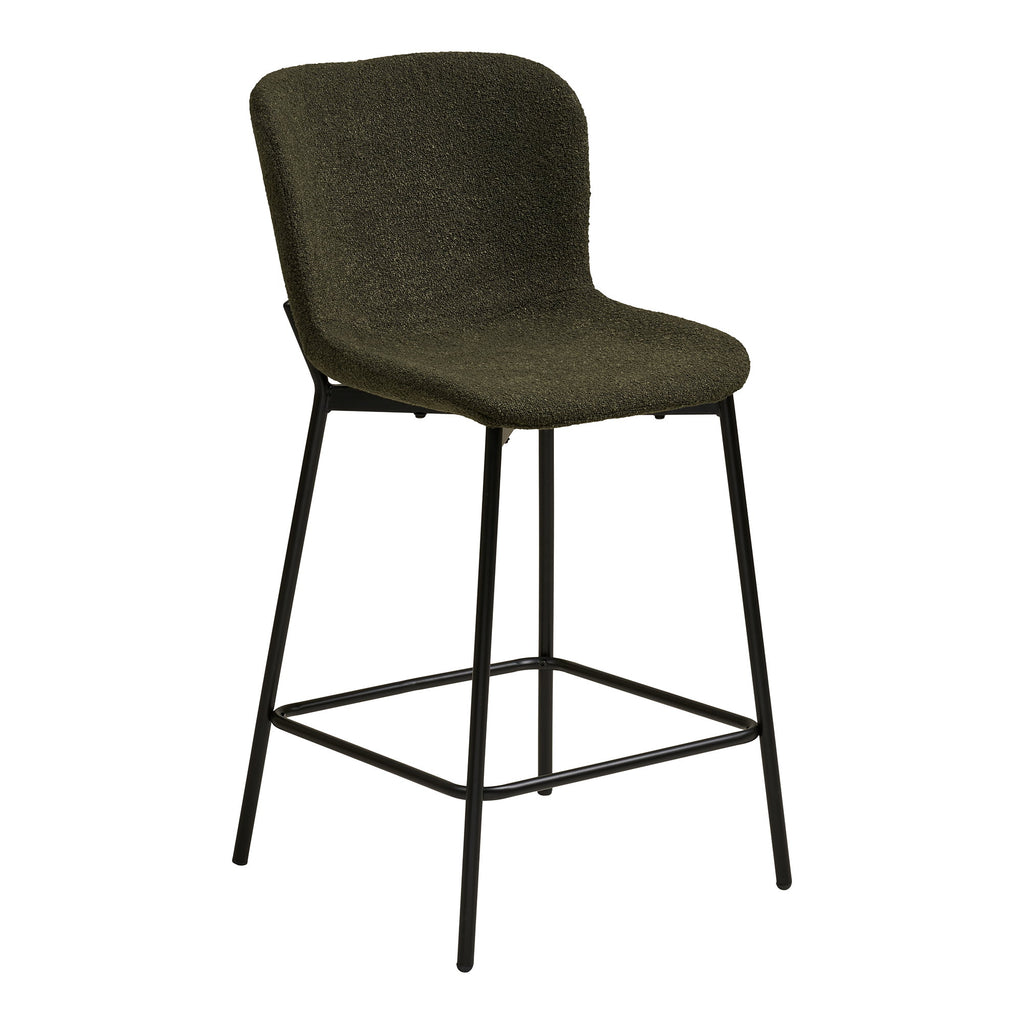 Tabouret de bar avec dossier Maceda tissu bouclé vert kaki pieds acier noir repose-pieds vue trois quarts