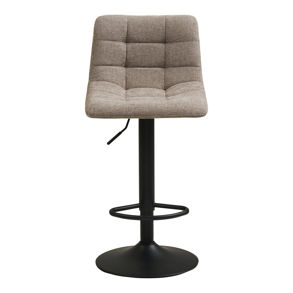 Tabouret de bar Middelfart bouclé grège vue de face capitonnage carré surpiqué pied trompette noir