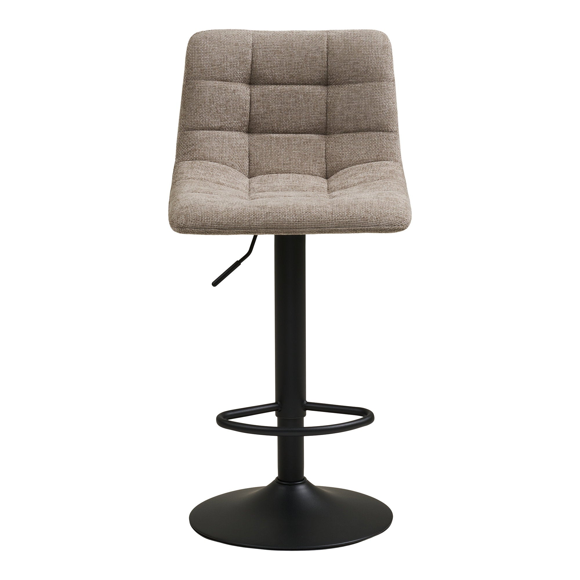 Tabouret de bar Middelfart bouclé grège vue de face capitonnage carré surpiqué pied trompette noir