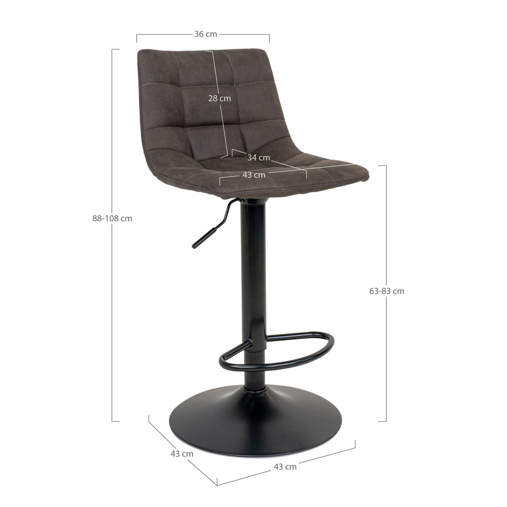 Schéma des dimensions du tabouret Middelfart gris foncé hauteur réglable 88-108 cm assise 43 cm