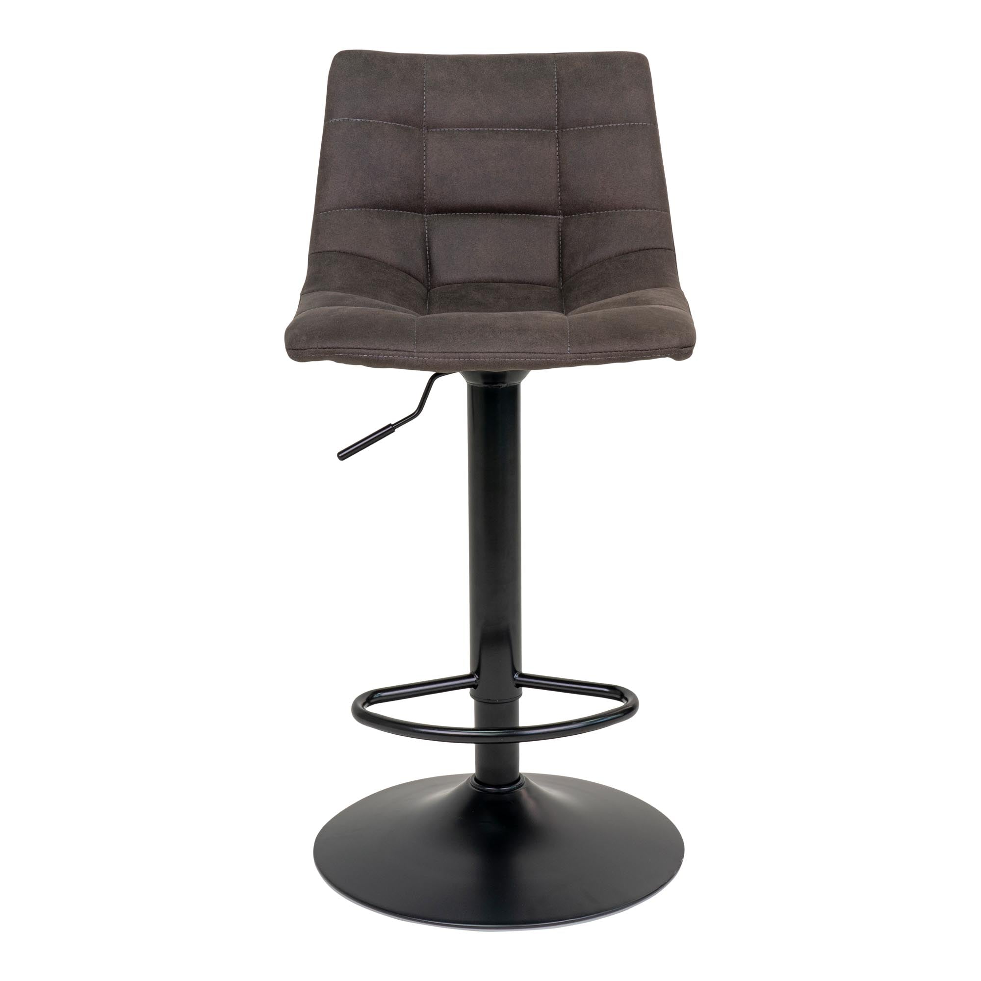 Tabouret de bar Middelfart gris foncé vue de face capitonnage carré surpiqué pied trompette noir
