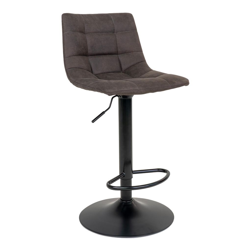 Tabouret de bar Middelfart microfibre gris foncé capitonné pied central noir vue trois quarts
