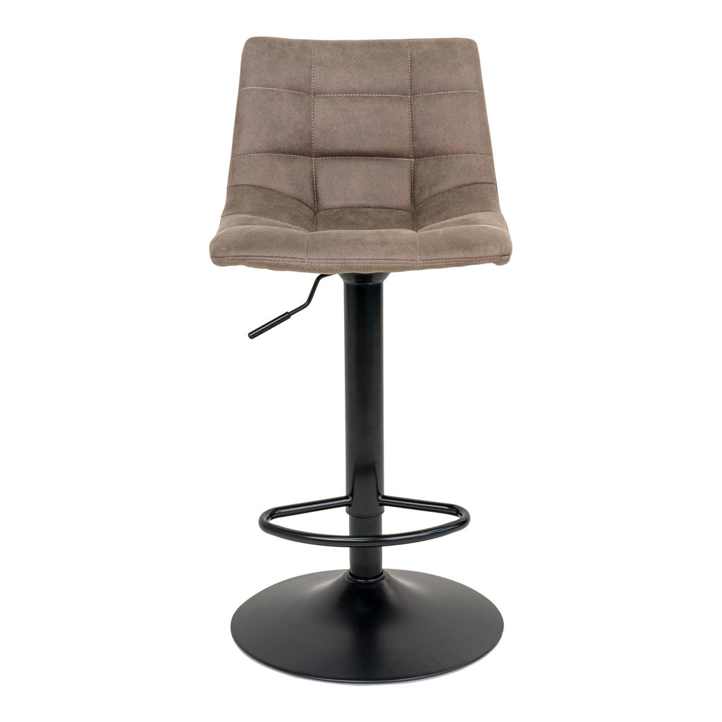 Tabouret de bar Middelfart microfibre taupe vue de face capitonnage carré pied trompette noir