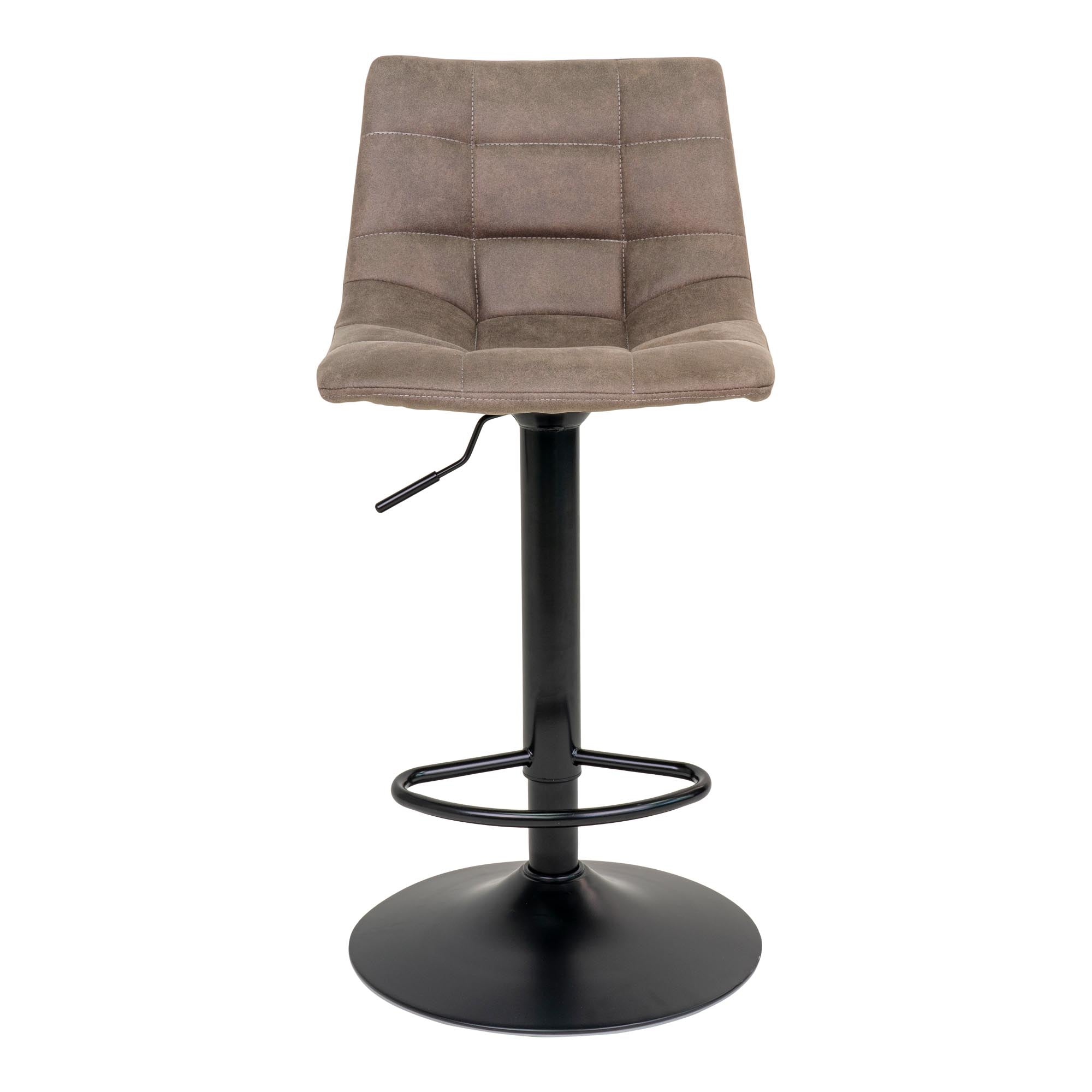 Tabouret de bar Middelfart microfibre taupe vue de face capitonnage carré pied trompette noir