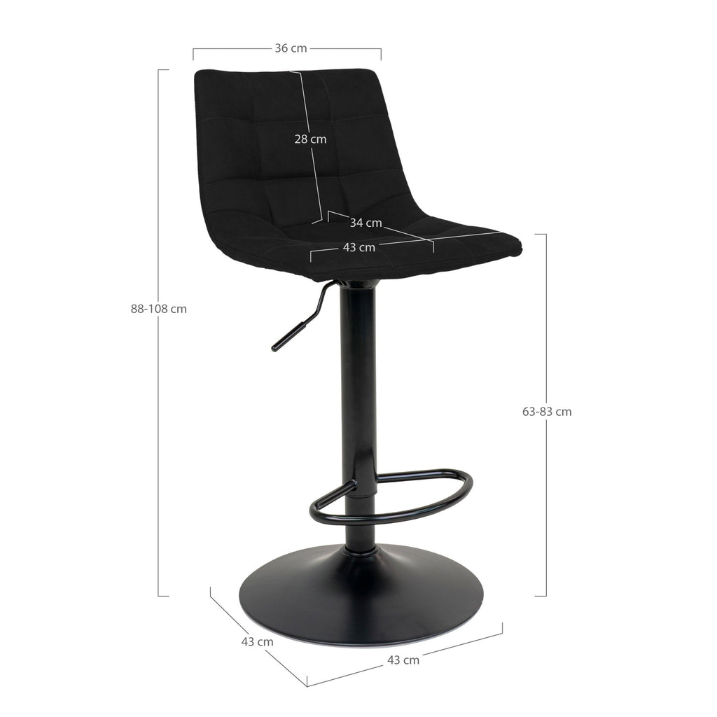 Schéma des dimensions du tabouret Middelfart velours noir hauteur réglable 88-108 cm assise 43 cm