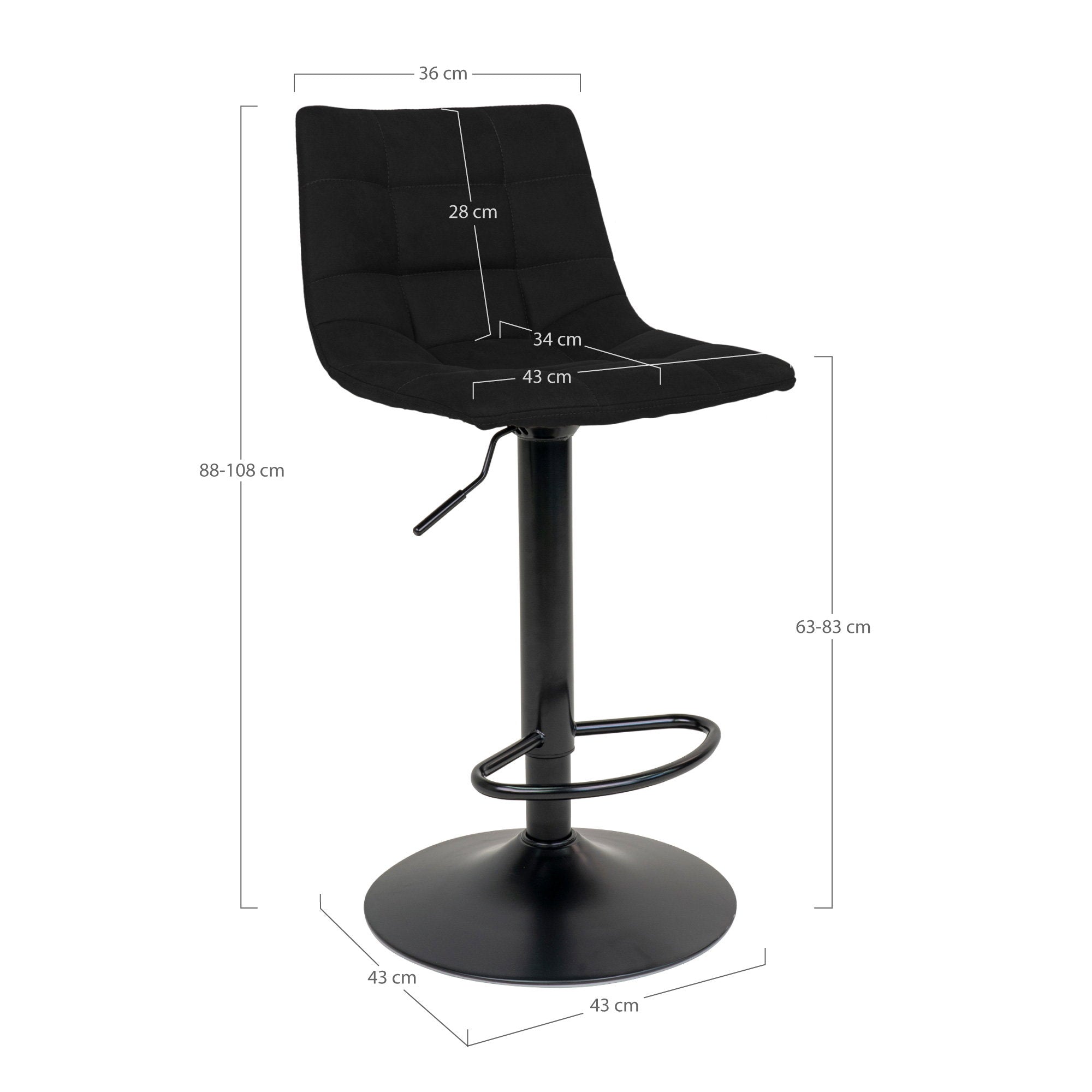 Schéma des dimensions du tabouret Middelfart velours noir hauteur réglable 88-108 cm assise 43 cm
