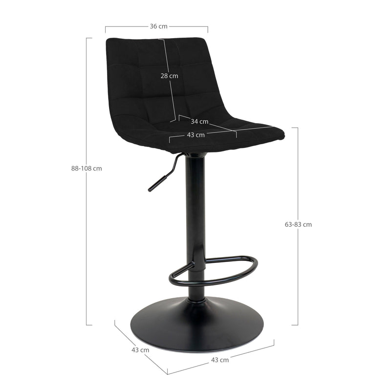 Dimensions Adjustable Bar Stool Middelfart – Black Velvet & Black Central Leg – Set of 2