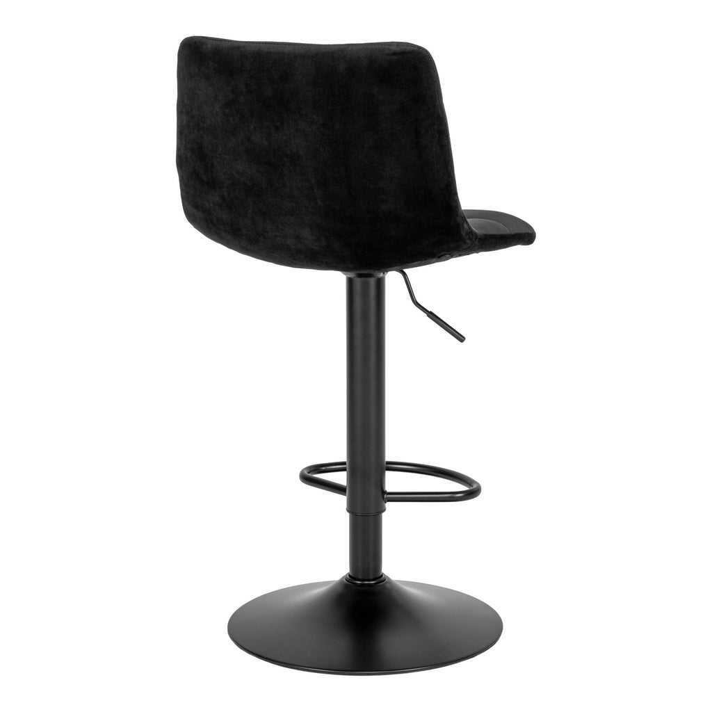 Tabouret de bar Middelfart velours noir vue arrière pied central acier laqué noir mat