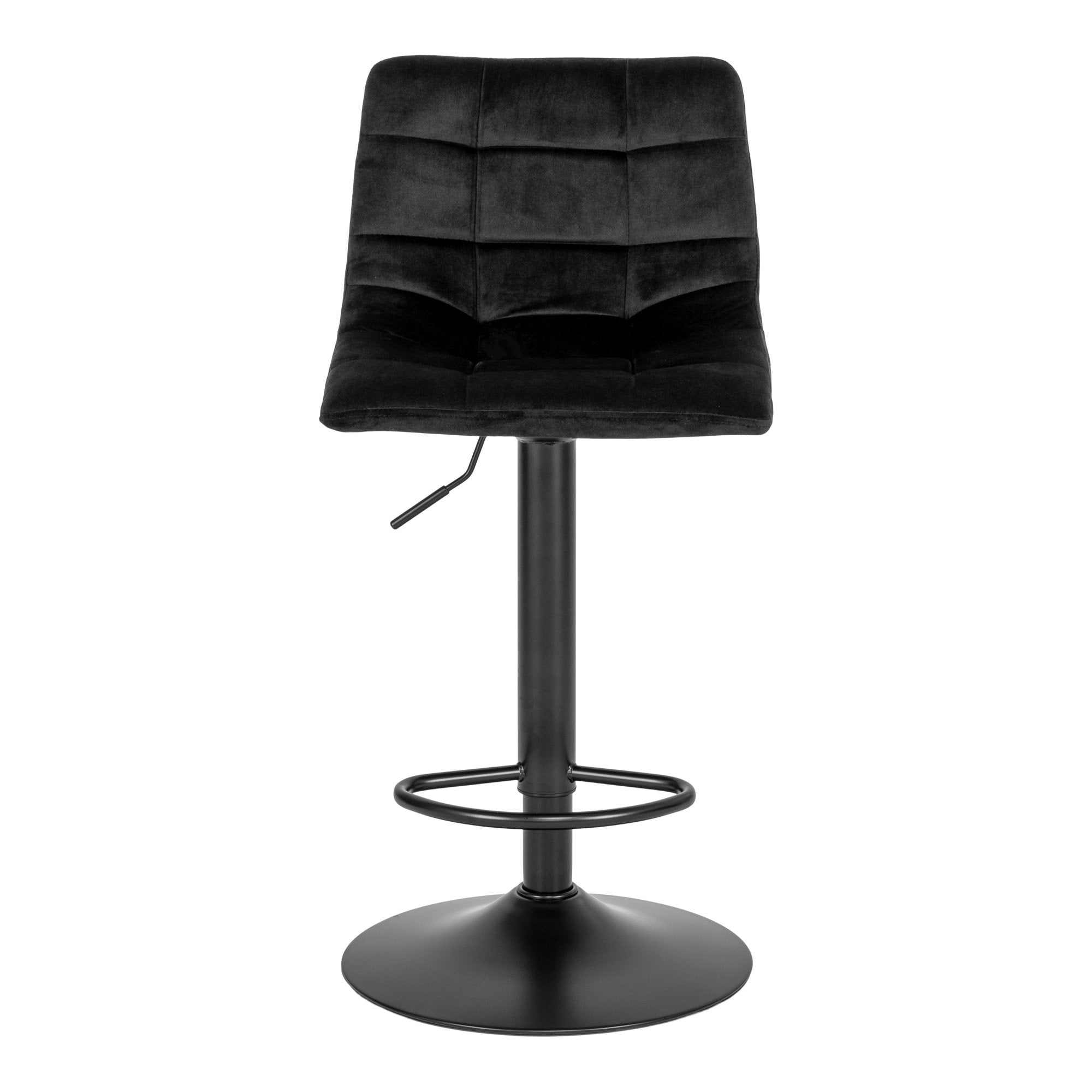 Tabouret de bar Middelfart velours noir vue de face capitonnage carré surpiqué pied trompette noir